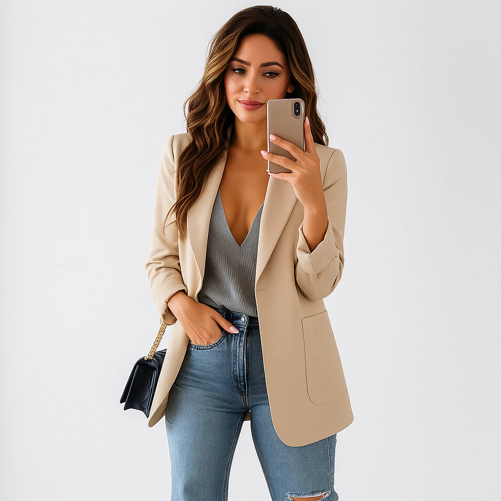 Blazer Long Femme - Coupe Ajustée - Col Notch - Devant Ouvert - Image 3