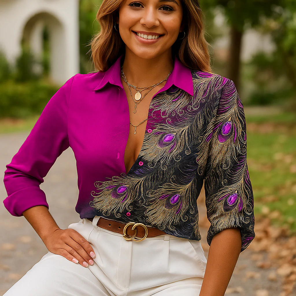 Blouse Élégante Imprimé Plumes - Femme Chic - Image 6
