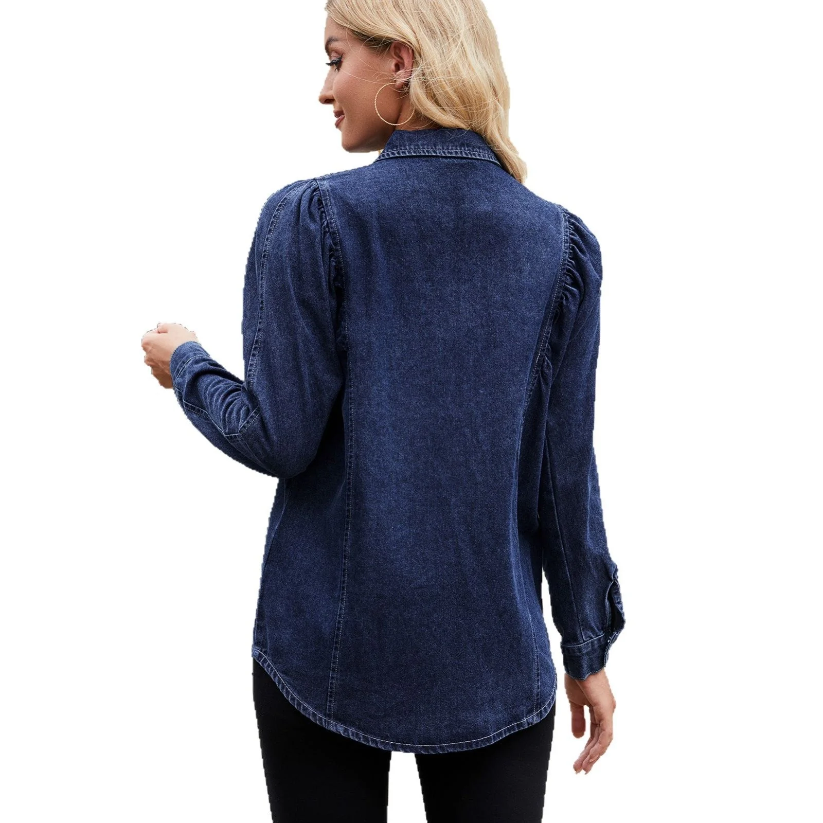 Blouse en denim pour femmes avec des détails en volants et une coupe cintrée - Image 5