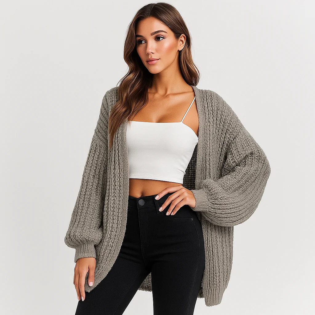 Cardigan en Tricot Épais - Manches Volumineuses - Coupe Ouverte Élégante - Image 3