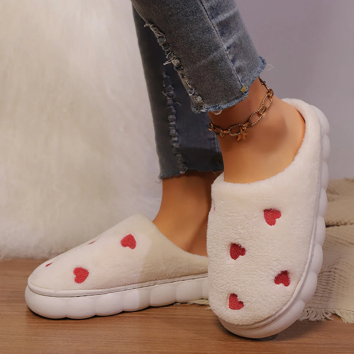 Chaussons femme laine polaire - imprimé cœur - confort - Image 3