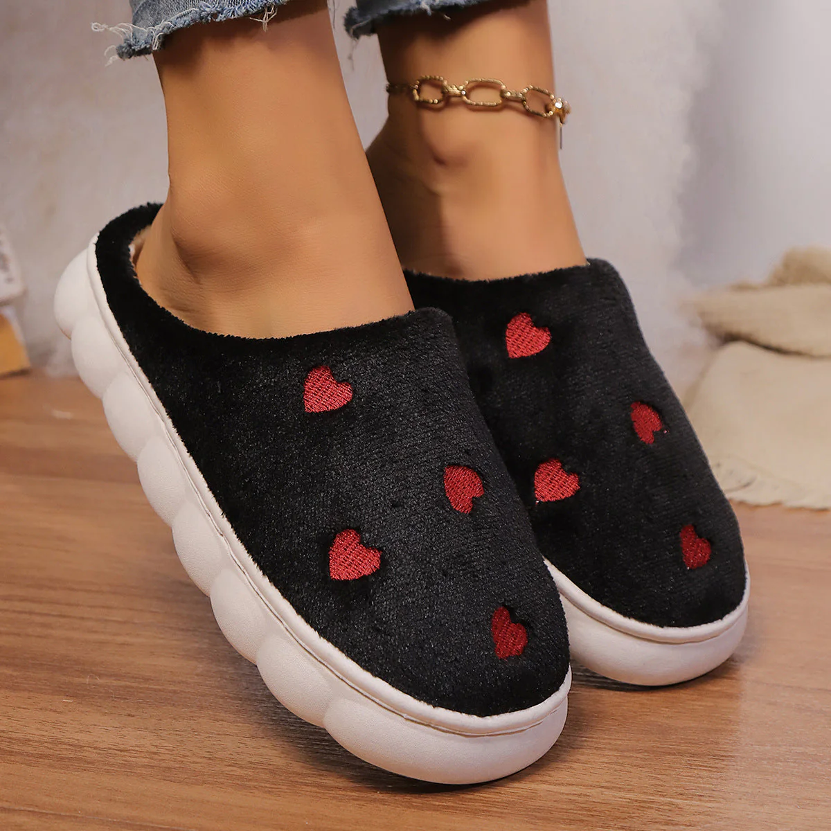 Chaussons femme laine polaire - imprimé cœur - confort - Image 4