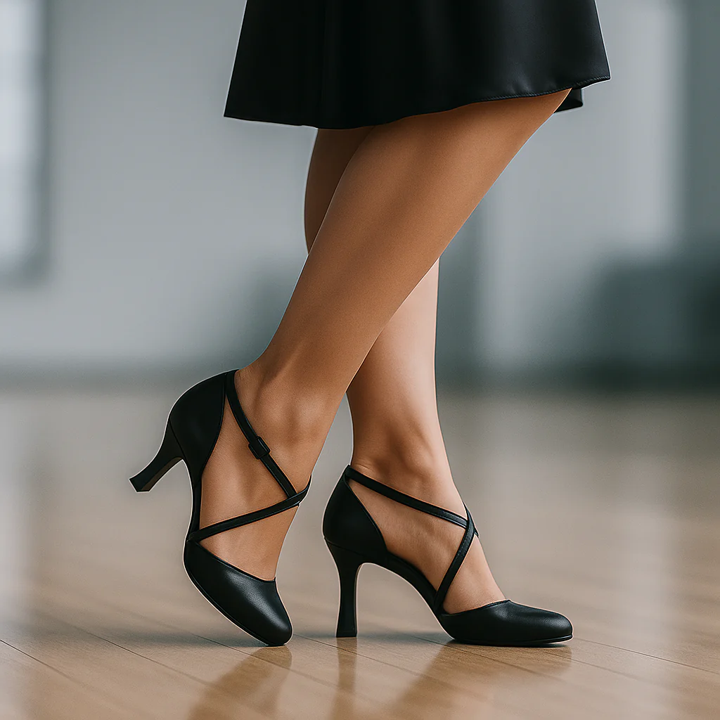 Chaussures de Danse de Salon Femme – Cuir Noir, Talon Confort - Image 4