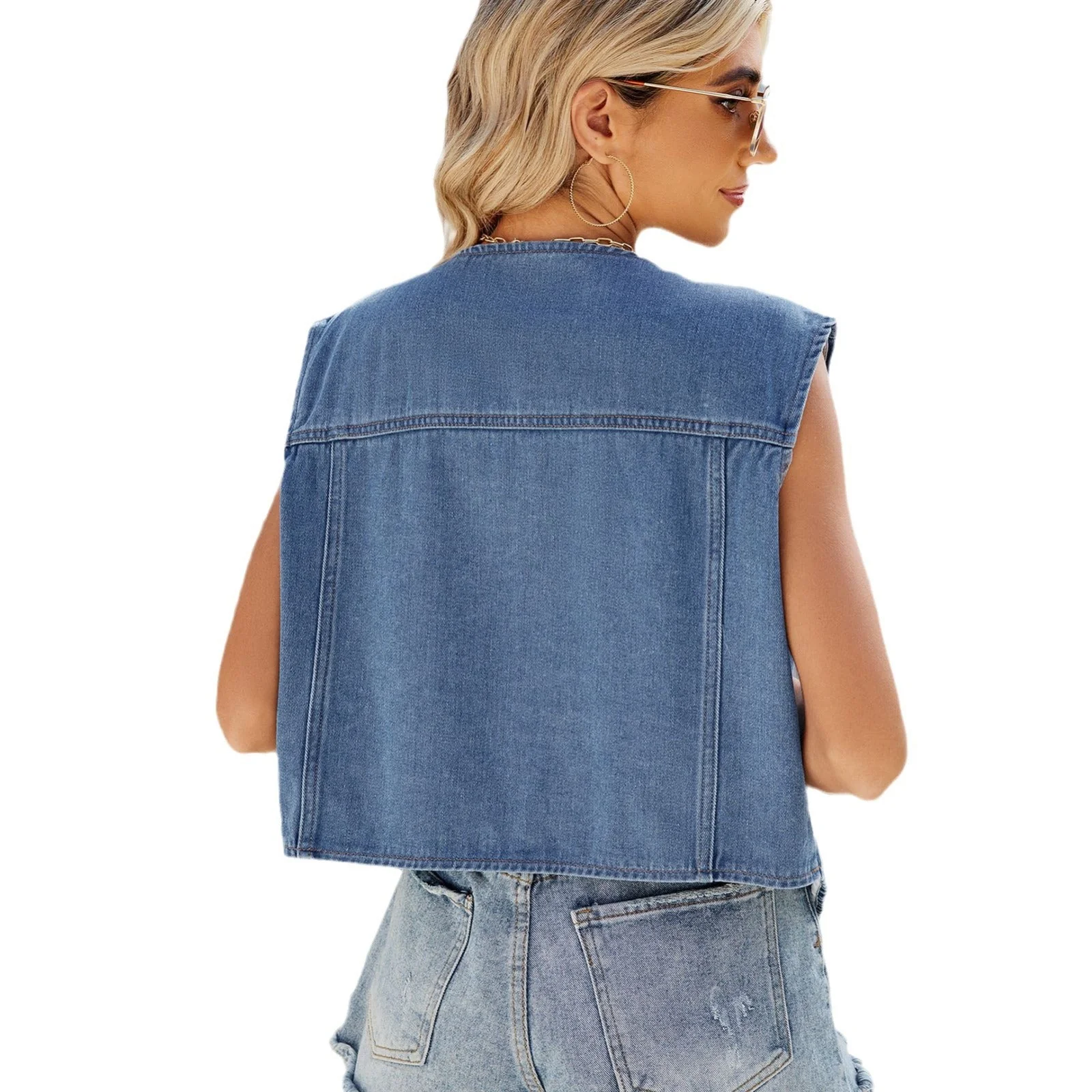 Dame Gilet en denim avec décolleté en V profond et poches pratiques - Image 5