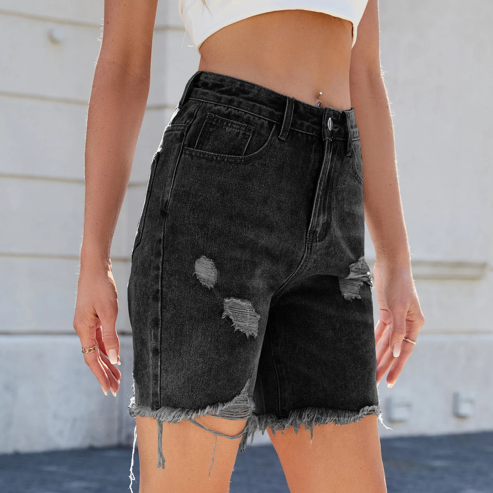 Shorts en jean déchirés pour femmes à taille haute - Image 3