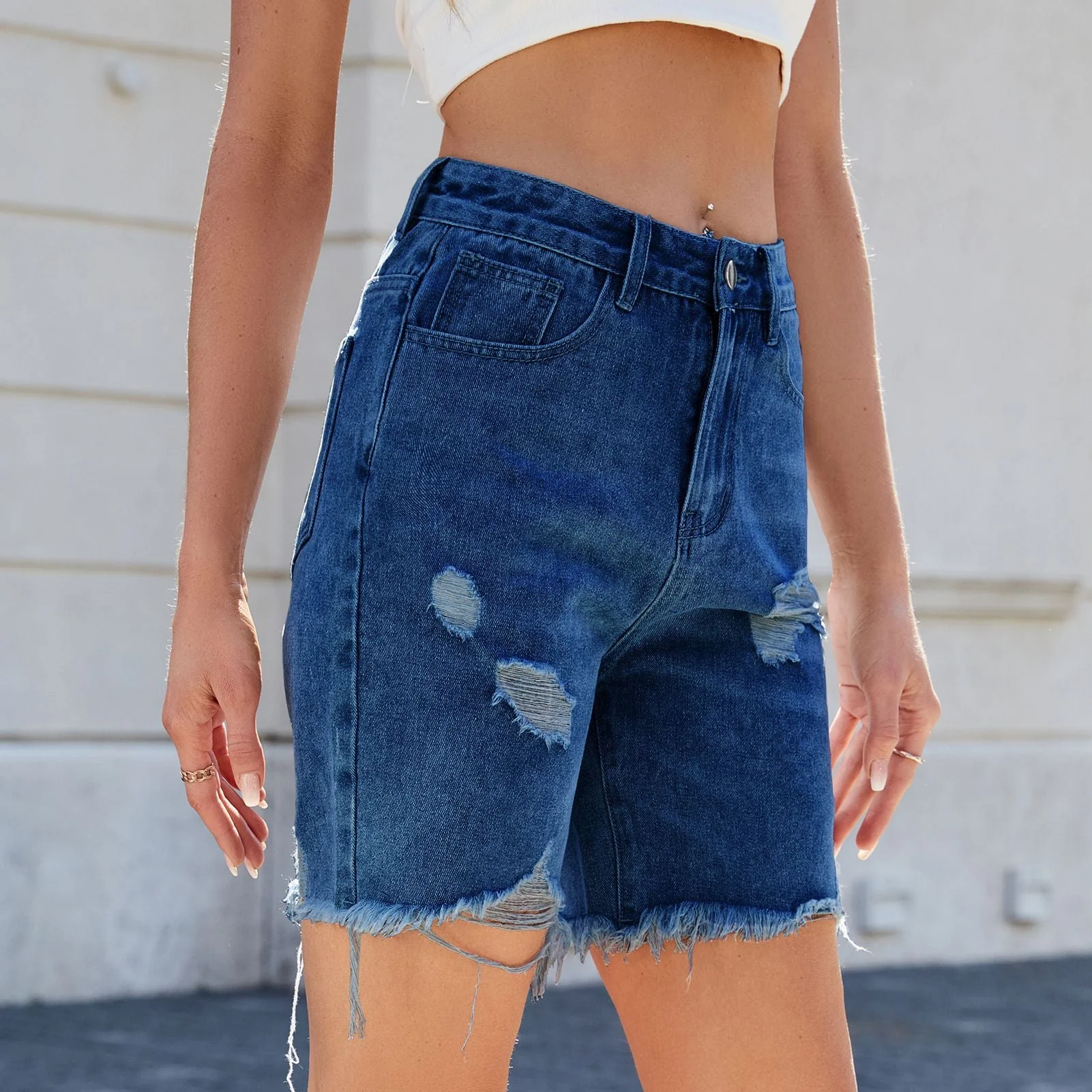Shorts en jean déchirés pour femmes à taille haute - Image 7