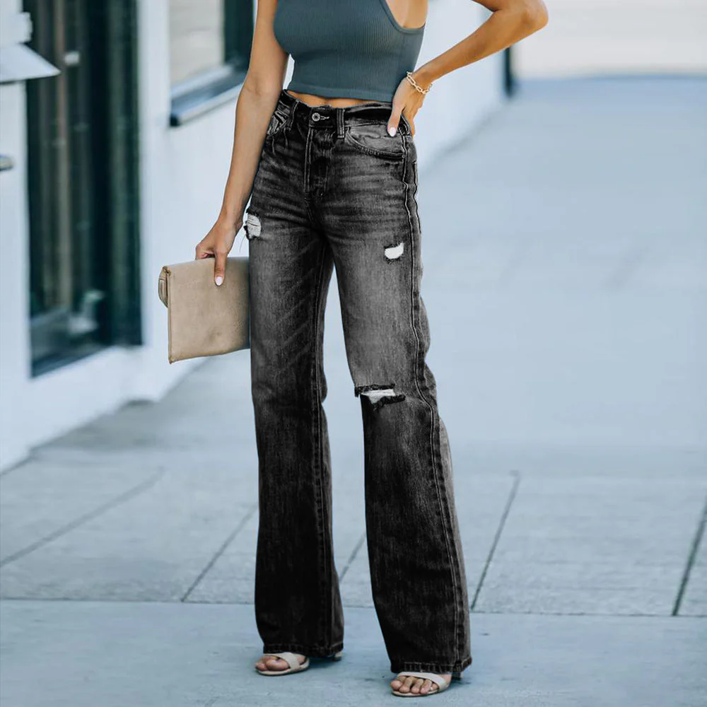 Jeans évasées pour femmes avec détails déchirés et taille haute - Image 4