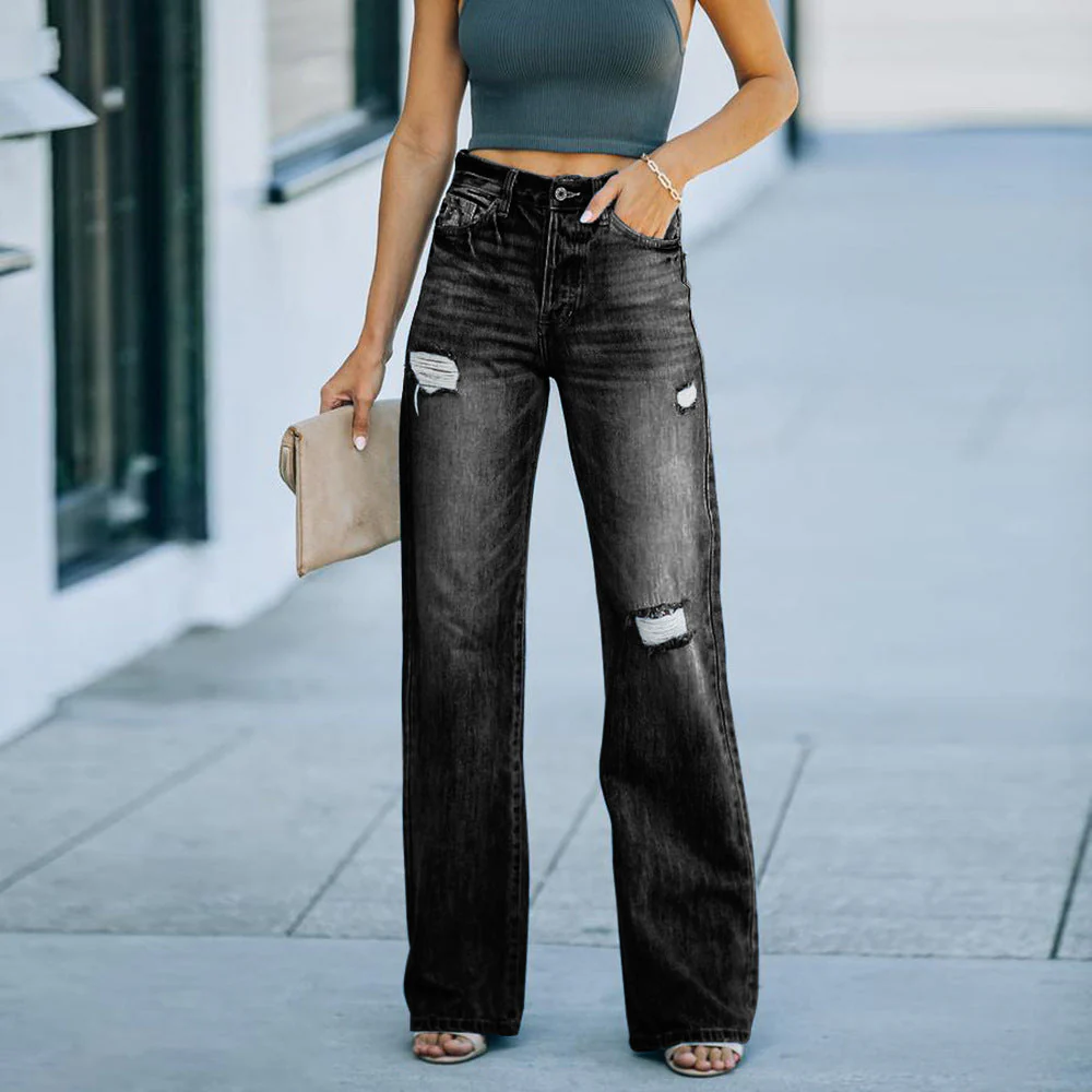 Jeans évasées pour femmes avec détails déchirés et taille haute - Image 6