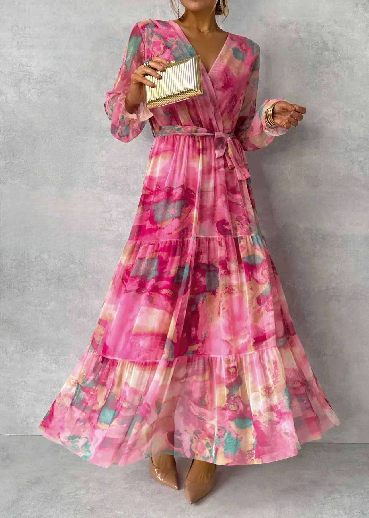 Élégante Robe de Soirée Maxi - Motif Floral - Ceinture - Femme