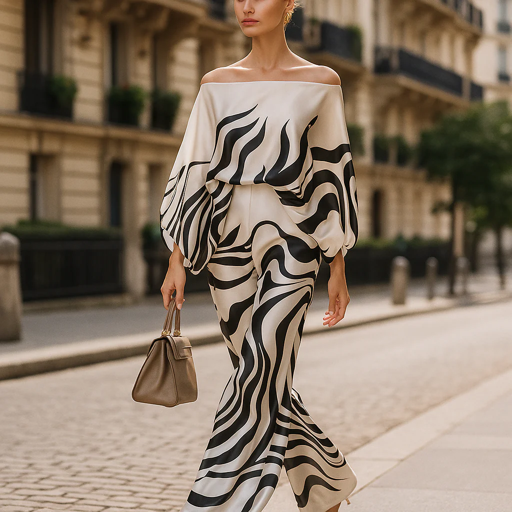 Ensemble Satiné Élégant Femme – Top Asymétrique & Pantalon Large - Image 3