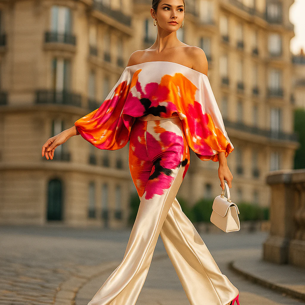 Ensemble Satiné Élégant Femme – Top Asymétrique & Pantalon Large - Image 7