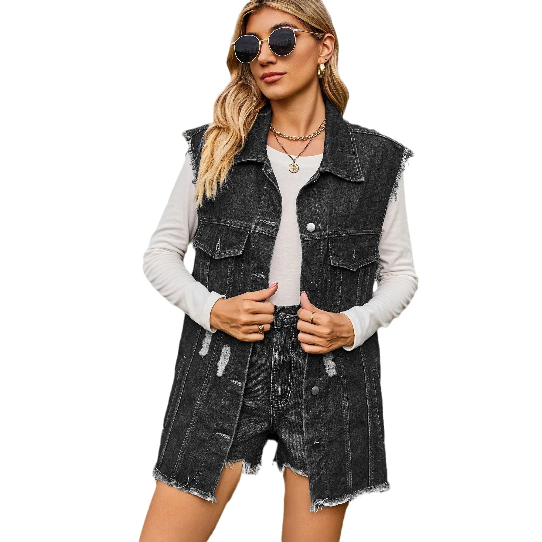 Veste en denim pour femmes au coupe décontracté avec franges et poches pratiques - Image 5