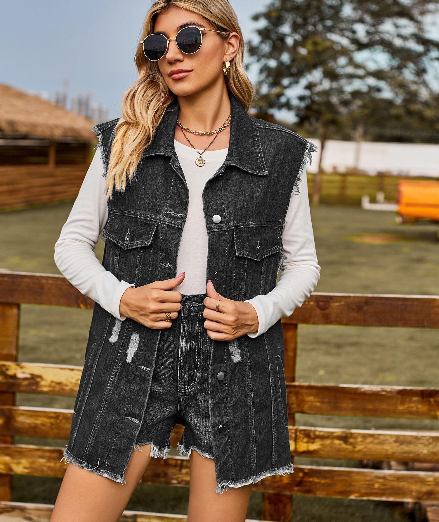 Veste en denim pour femmes au coupe décontracté avec franges et poches pratiques - Image 6