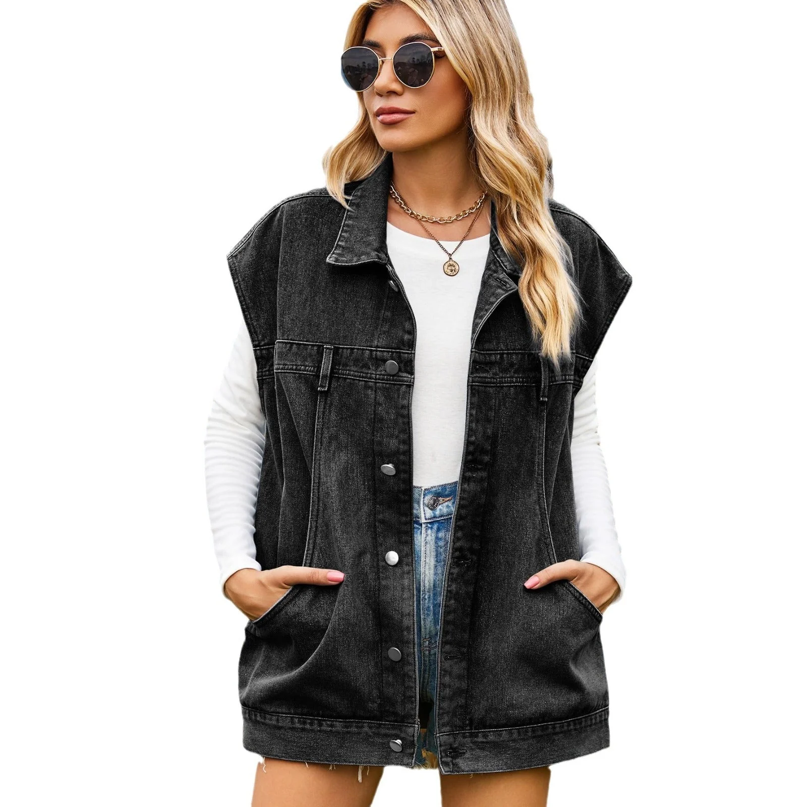 Dames gilet en denim au style oversized moderne avec poches pratiques - Image 5
