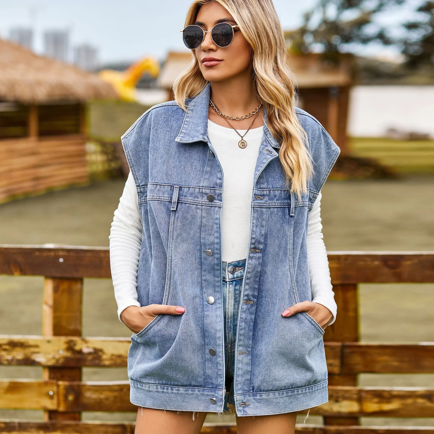 Dames gilet en denim au style oversized moderne avec poches pratiques - Image 7