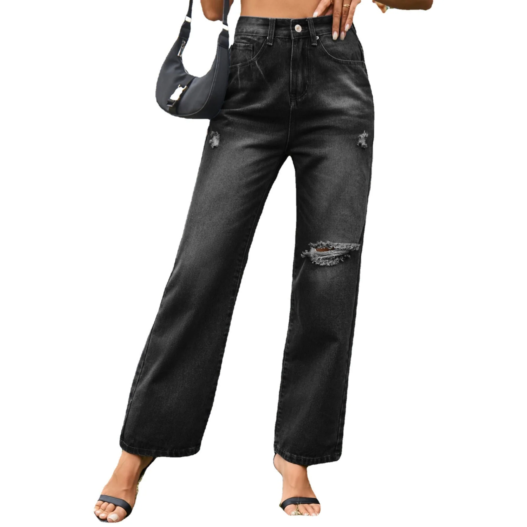 Femme Jeans taille haute avec détails déchirés et jambe large - Image 5