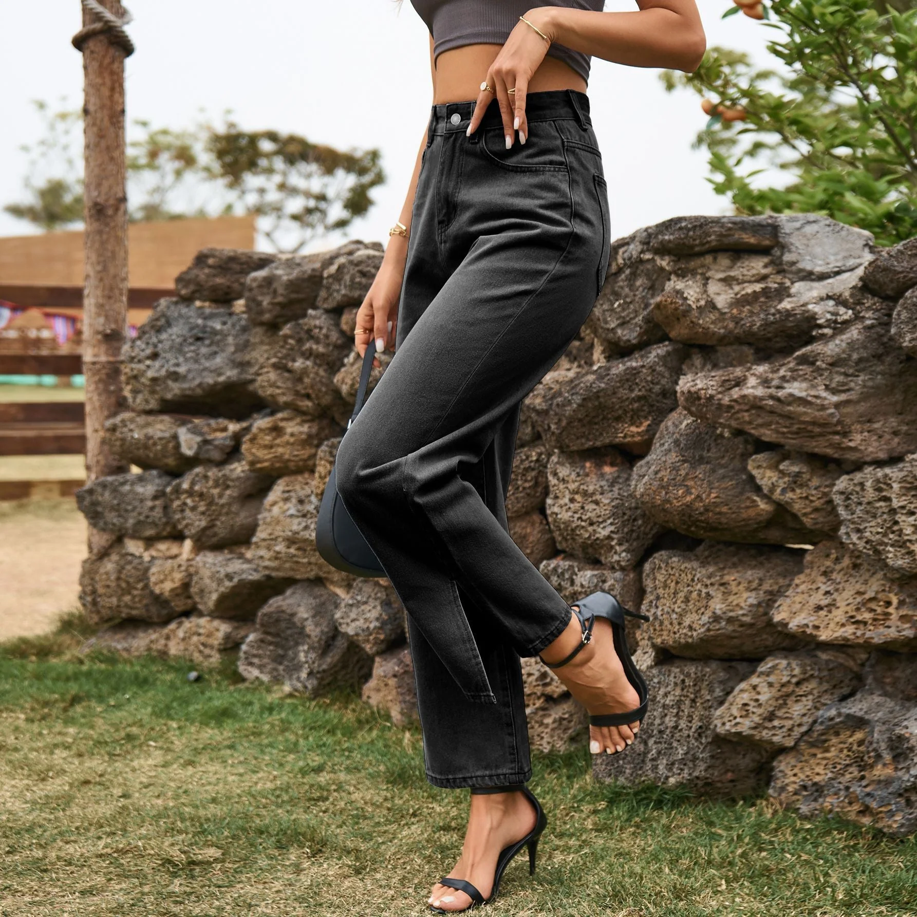 Jeans taille haute pour femmes avec jambe droite et poches latérales - Image 4