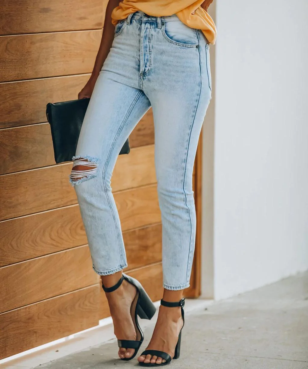 Jeans taille haute pour femmes avec détails déchirés et coupe slim - Image 3