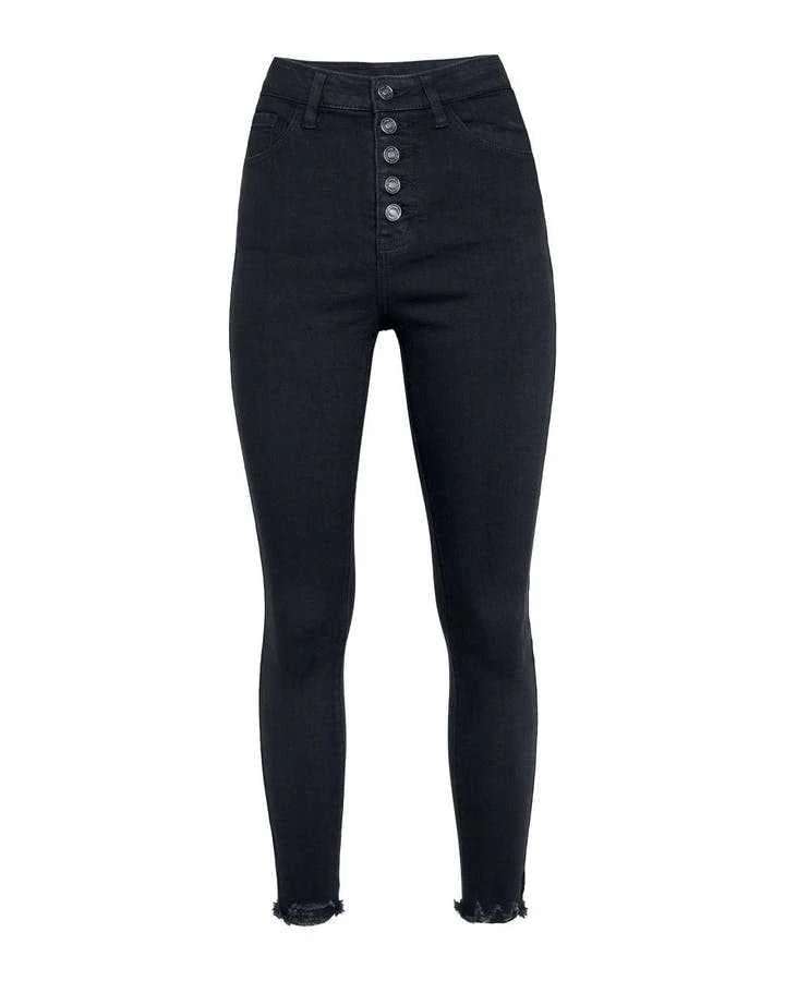 Jeans taille haute pour femmes au coupe moderne avec détail de bouton et ourlet effiloché - Image 5