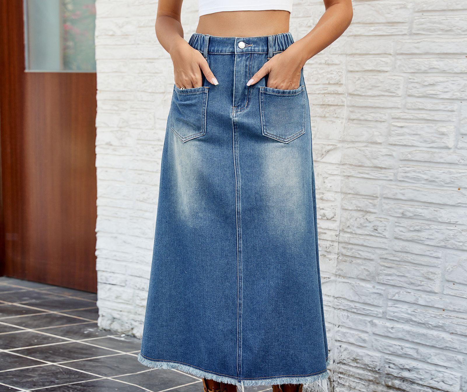 Jupe maxi en denim pour femmes avec taille élastique et poches pratiques