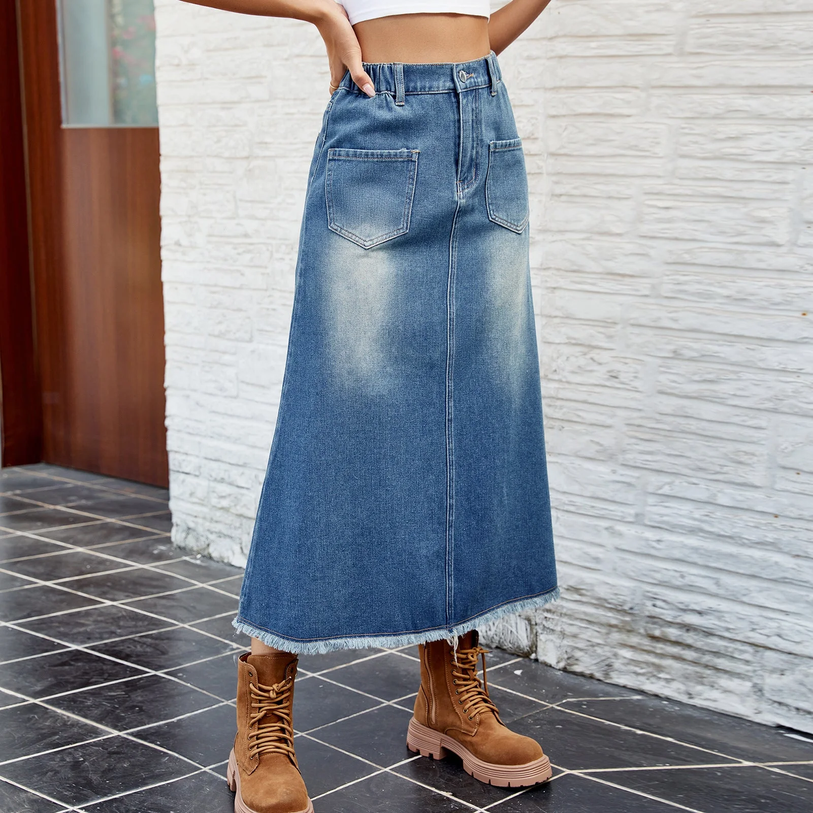 Jupe maxi en denim pour femmes avec taille élastique et poches pratiques - Image 2