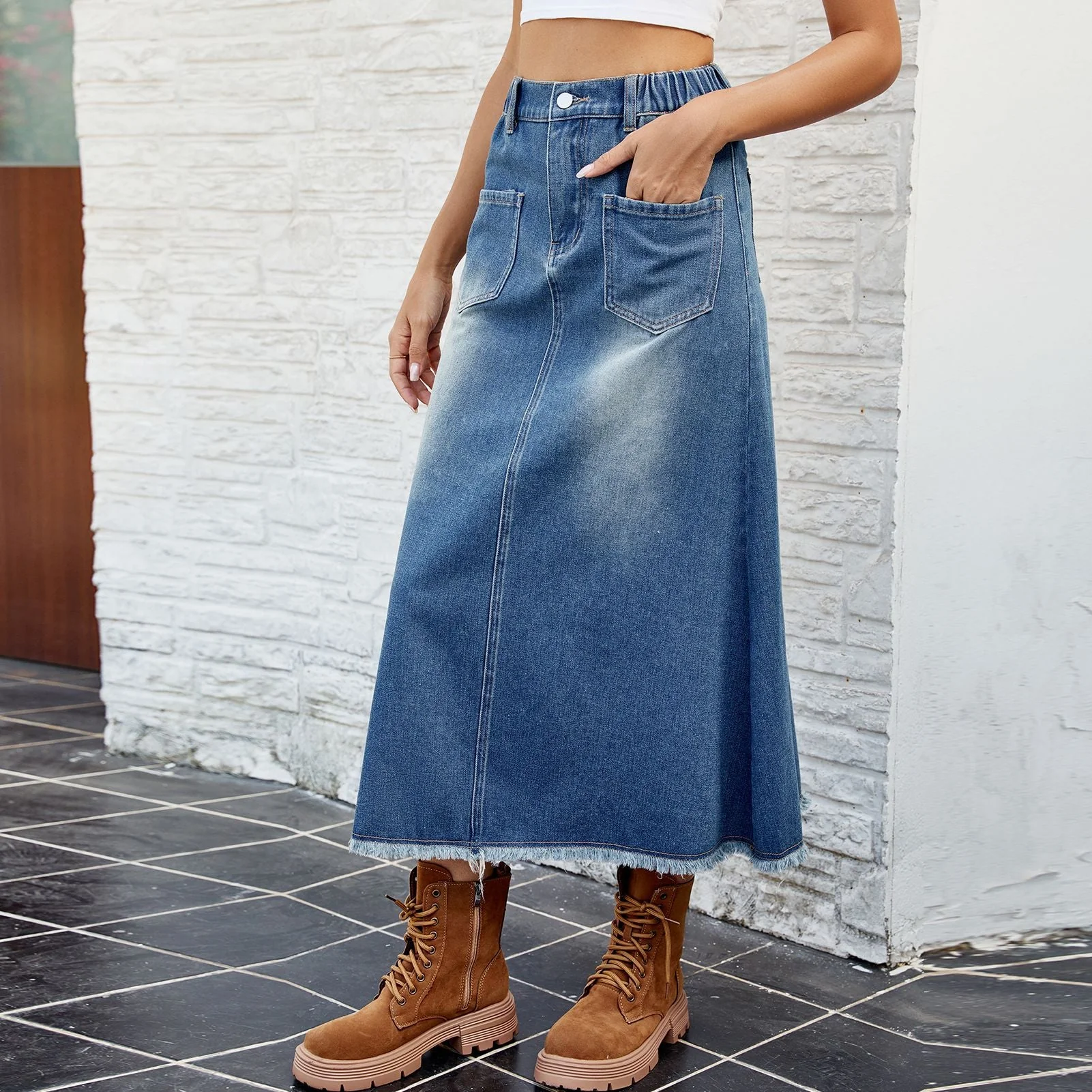 Jupe maxi en denim pour femmes avec taille élastique et poches pratiques - Image 3