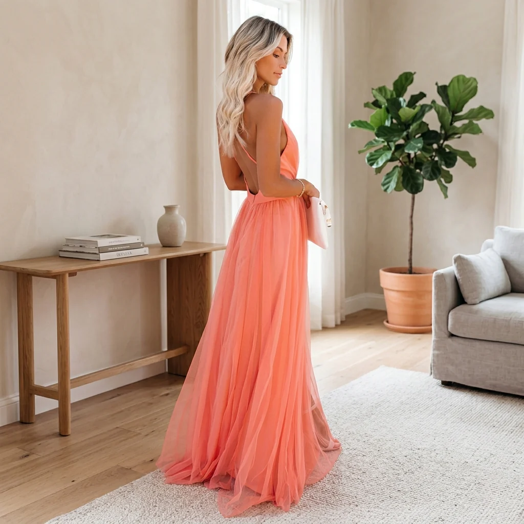 Robe Cocktail Orange à Bretelles Matrona pour Femme | Élégante et Stylée - Image 2