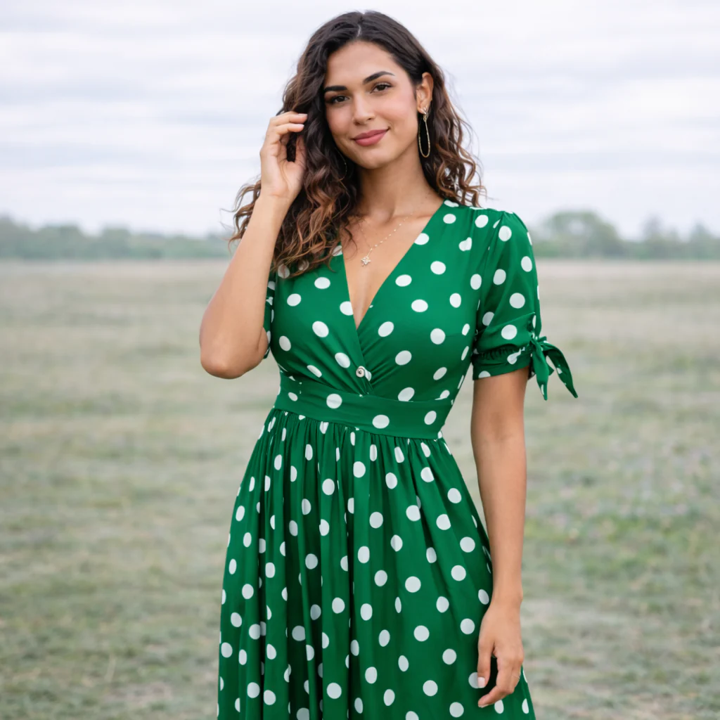 Robe à Pois | Femme, Encolure en V | Style Boutons - Image 3