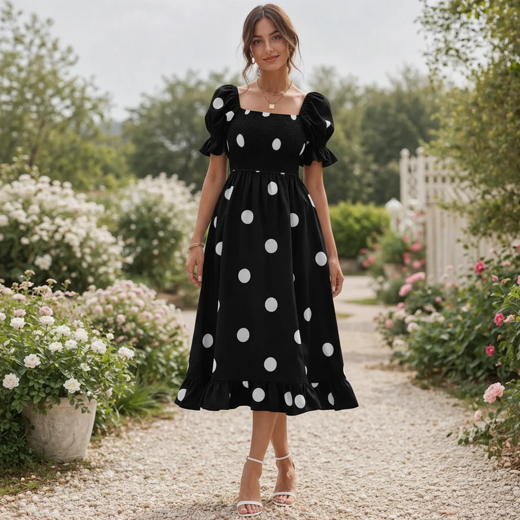 Robe Midi à Pois | Manches Bouffantes Femme | Style Élégant et Fluide