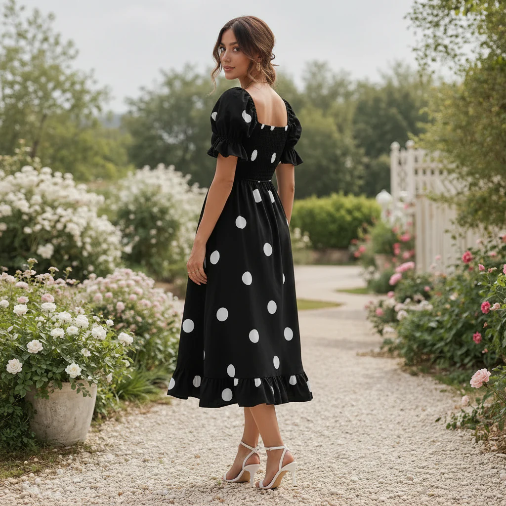 Robe Midi à Pois | Manches Bouffantes Femme | Style Élégant et Fluide - Image 2