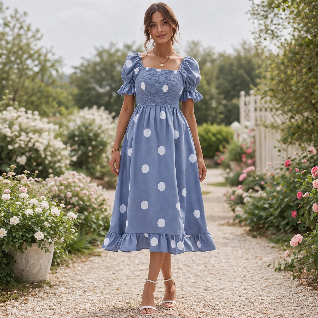 Robe Midi à Pois | Manches Bouffantes Femme | Style Élégant et Fluide - Image 3