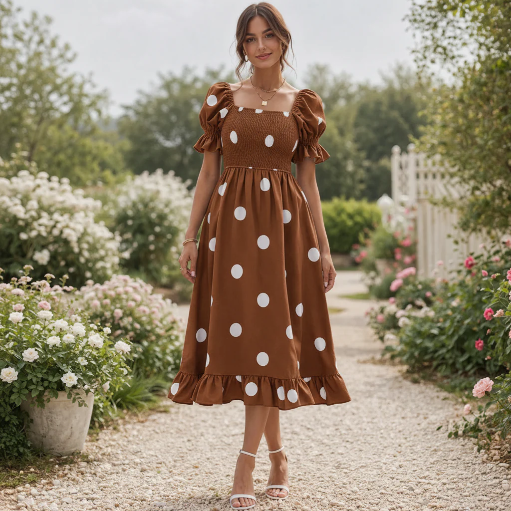 Robe Midi à Pois | Manches Bouffantes Femme | Style Élégant et Fluide - Image 5