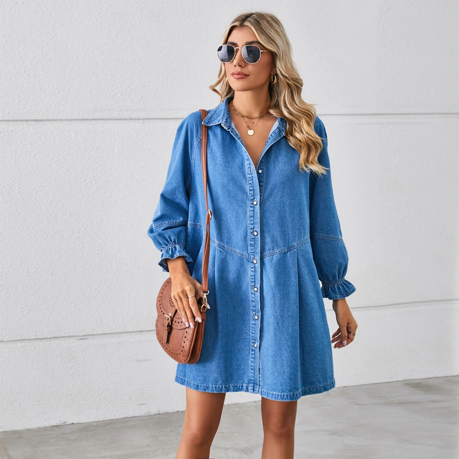 Robe Chemise Denim Femme Cintrée Manches Volumineuses
