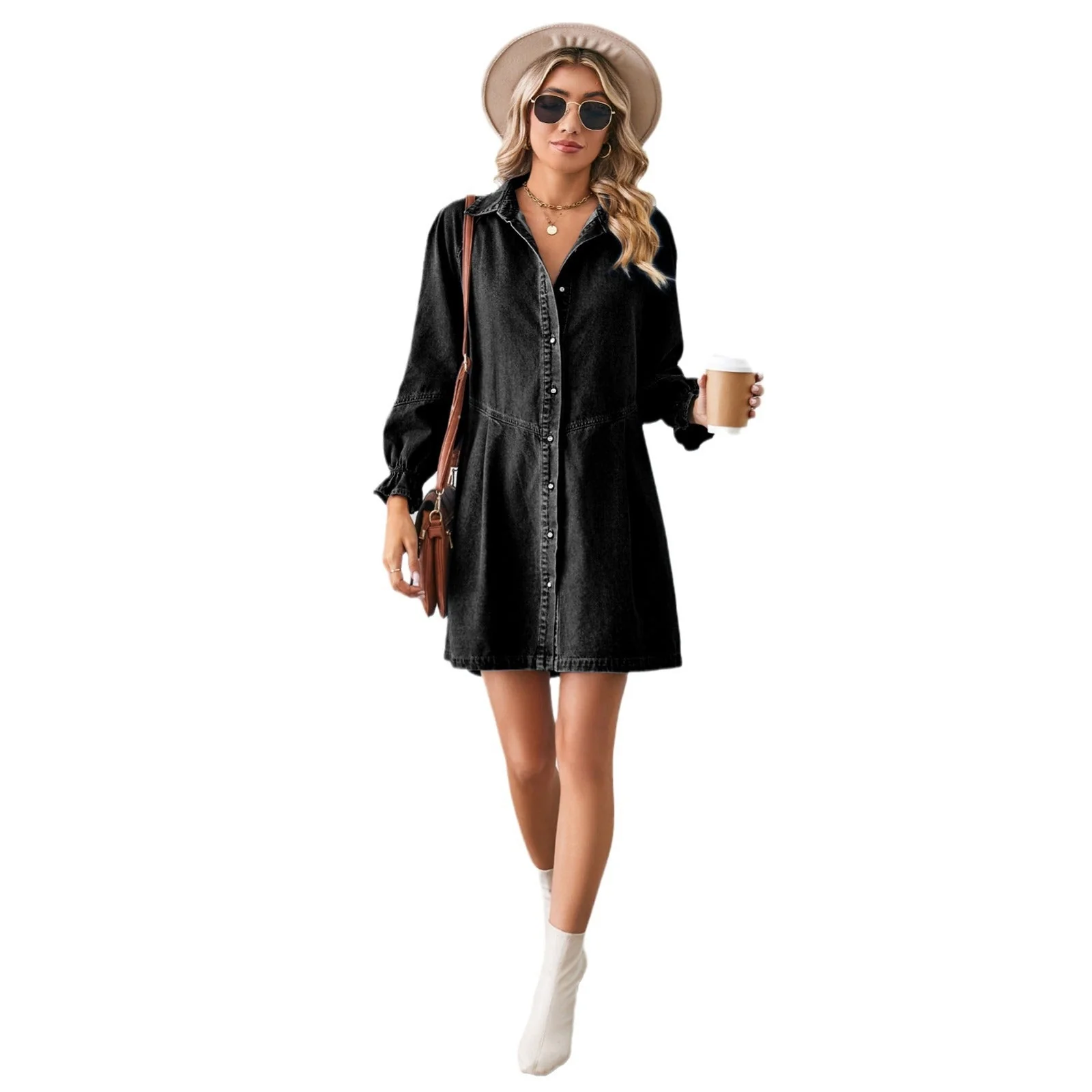 Robe Chemise Denim Femme Cintrée Manches Volumineuses - Image 5