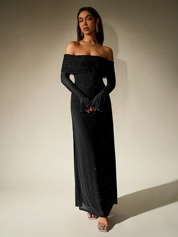 Robe de soirée Alina - Brune paillettes - Sans bretelles - Manches transparentes - Image 4