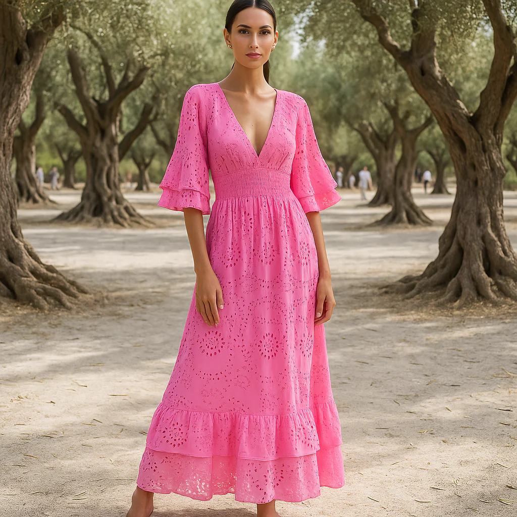 Robe de soirée maxi boho - broderie raffinée - manches volantes - Image 4