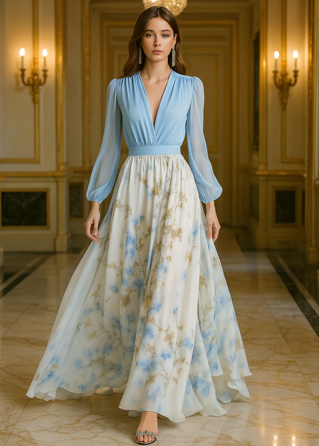 Robe de soirée maxi - décolleté en V - bas fleuri - Image 4