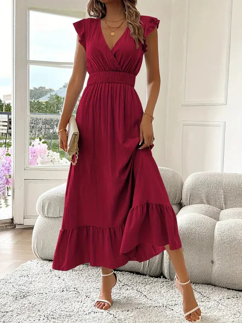 Robe de soirée maxi - manches volantées - décolleté V - taille froncée - Image 3