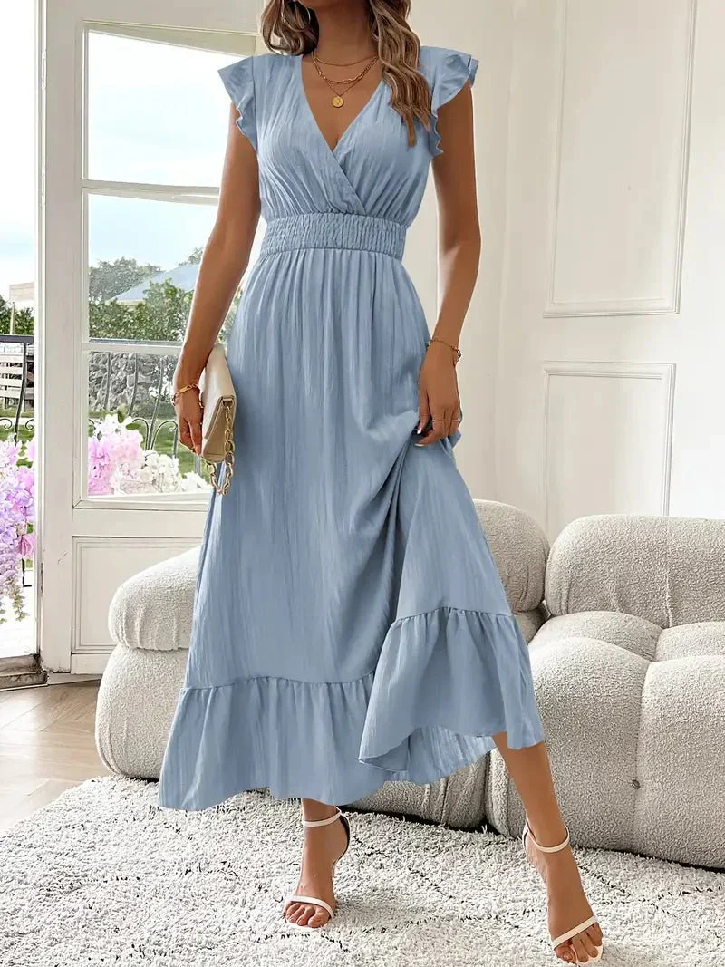 Robe de soirée maxi - manches volantées - décolleté V - taille froncée - Image 5