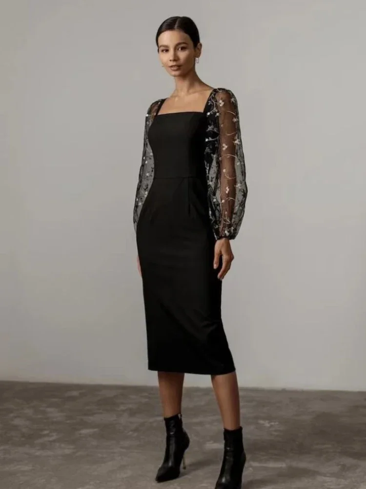 Robe de soirée midi élégante - manches en tulle - Image 5