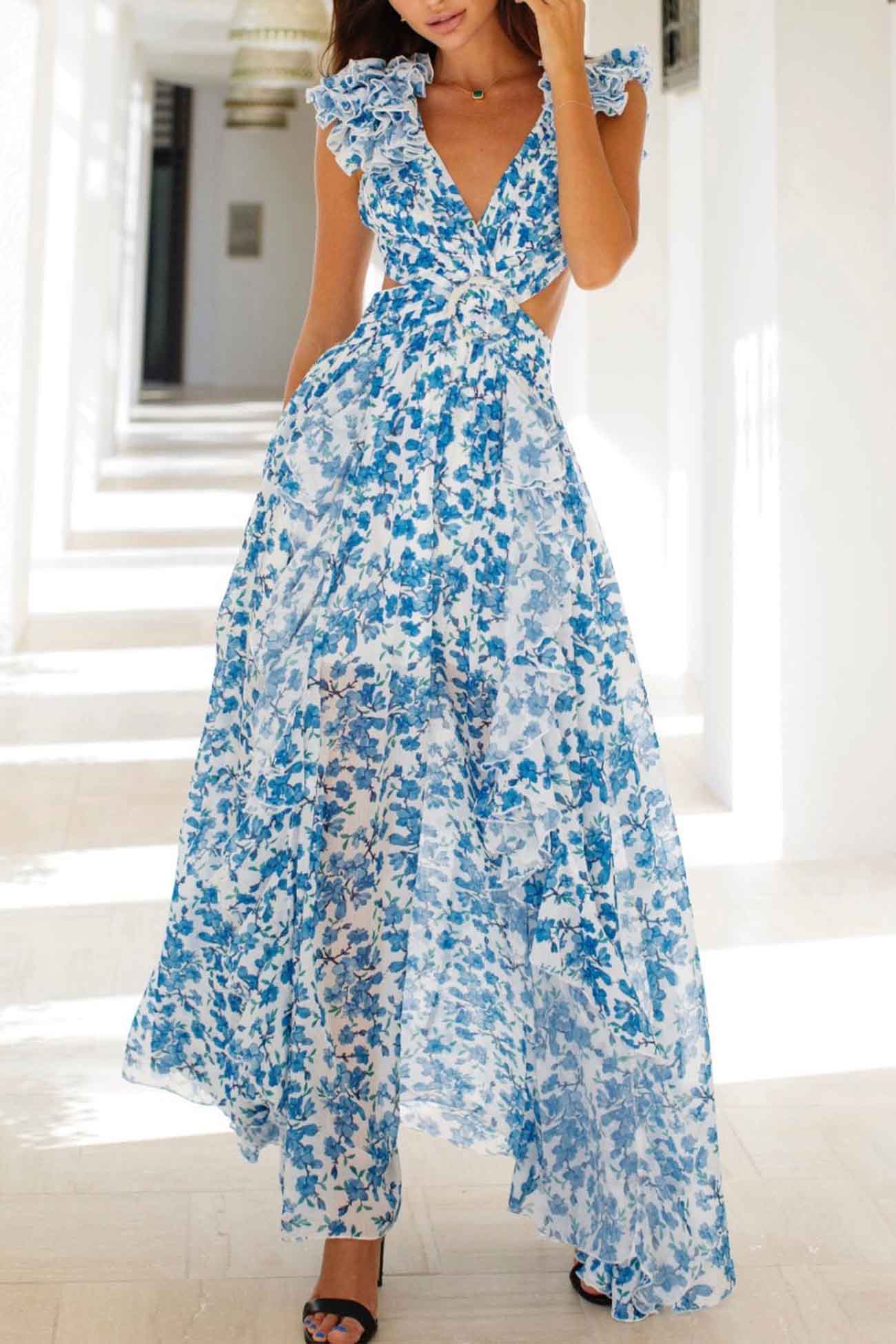 Robe longue florale - décolleté V - manches à volants - découpe taille - Image 5