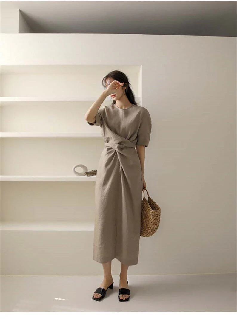 Robe midi lin kaki - Soirée - Minimaliste - Chic - Élégante - Image 2