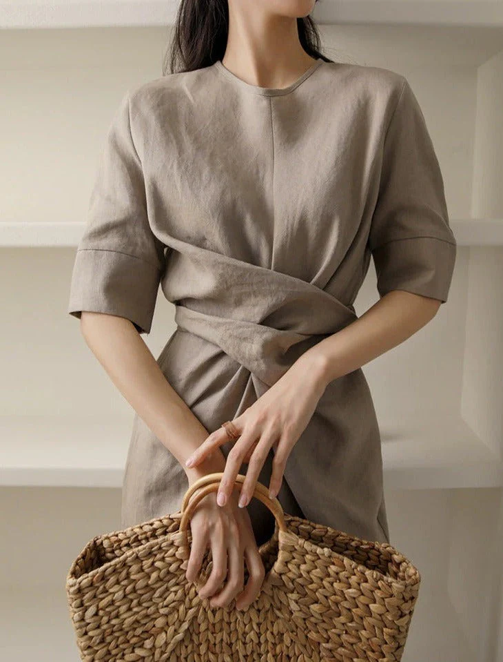 Robe midi lin kaki - Soirée - Minimaliste - Chic - Élégante - Image 3