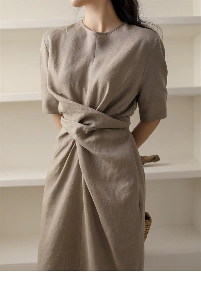 Robe midi lin kaki - Soirée - Minimaliste - Chic - Élégante - Image 4