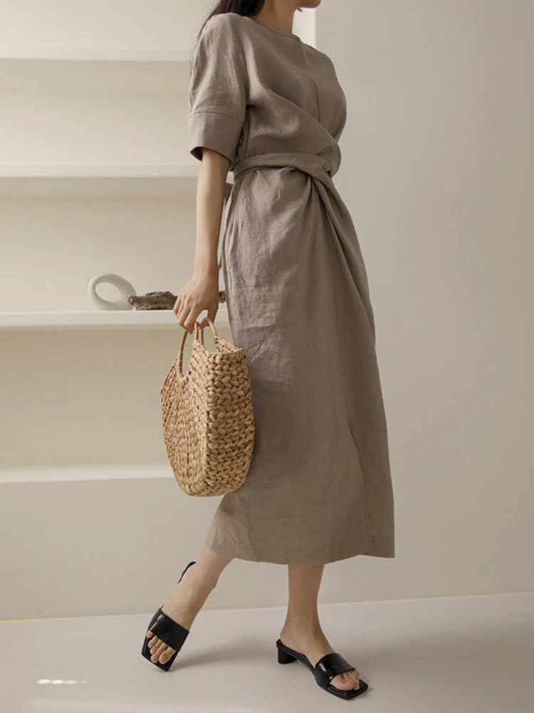 Robe midi lin kaki - Soirée - Minimaliste - Chic - Élégante - Image 8