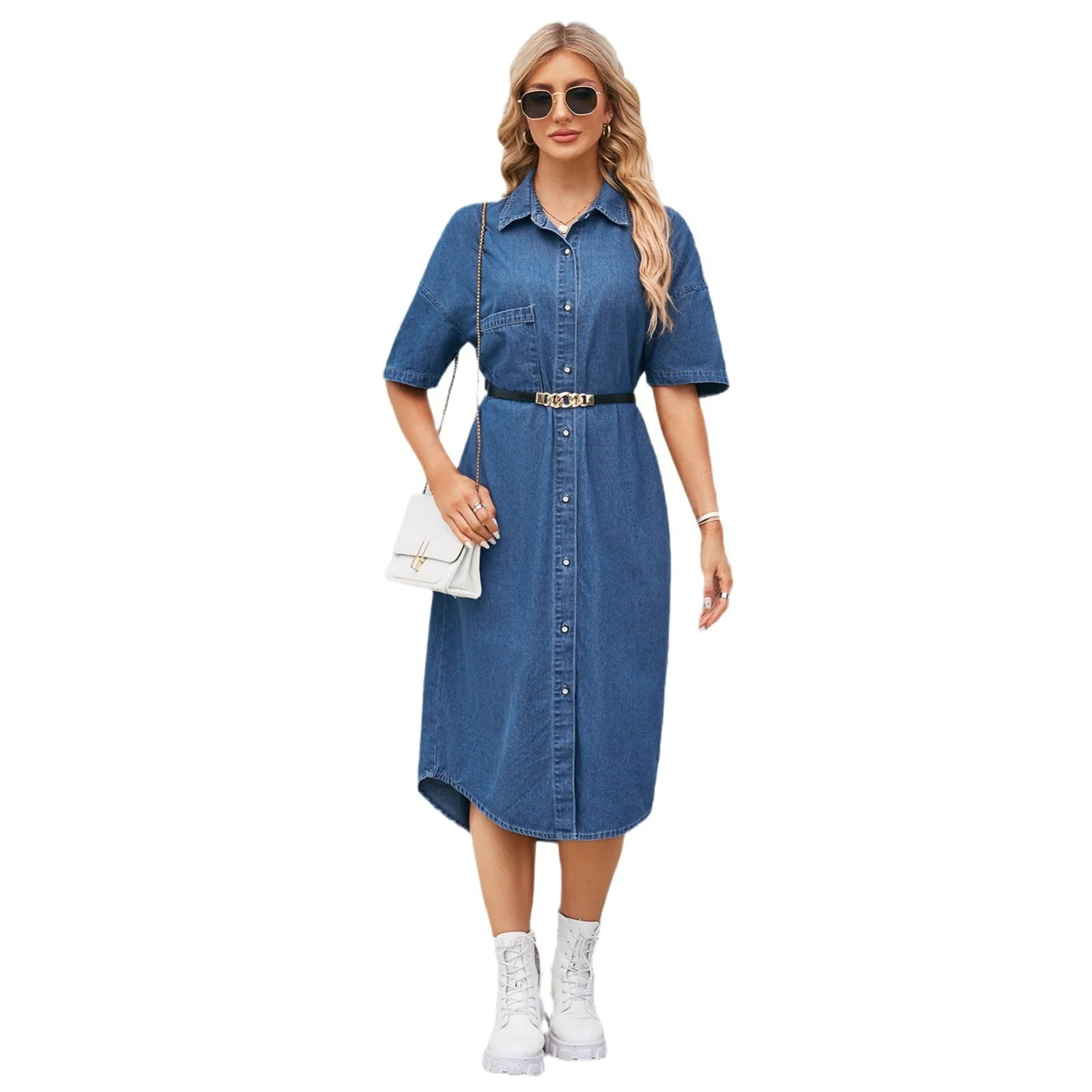 Robe chemise en denim pour femme avec design à boutons et fente latérale - Image 5