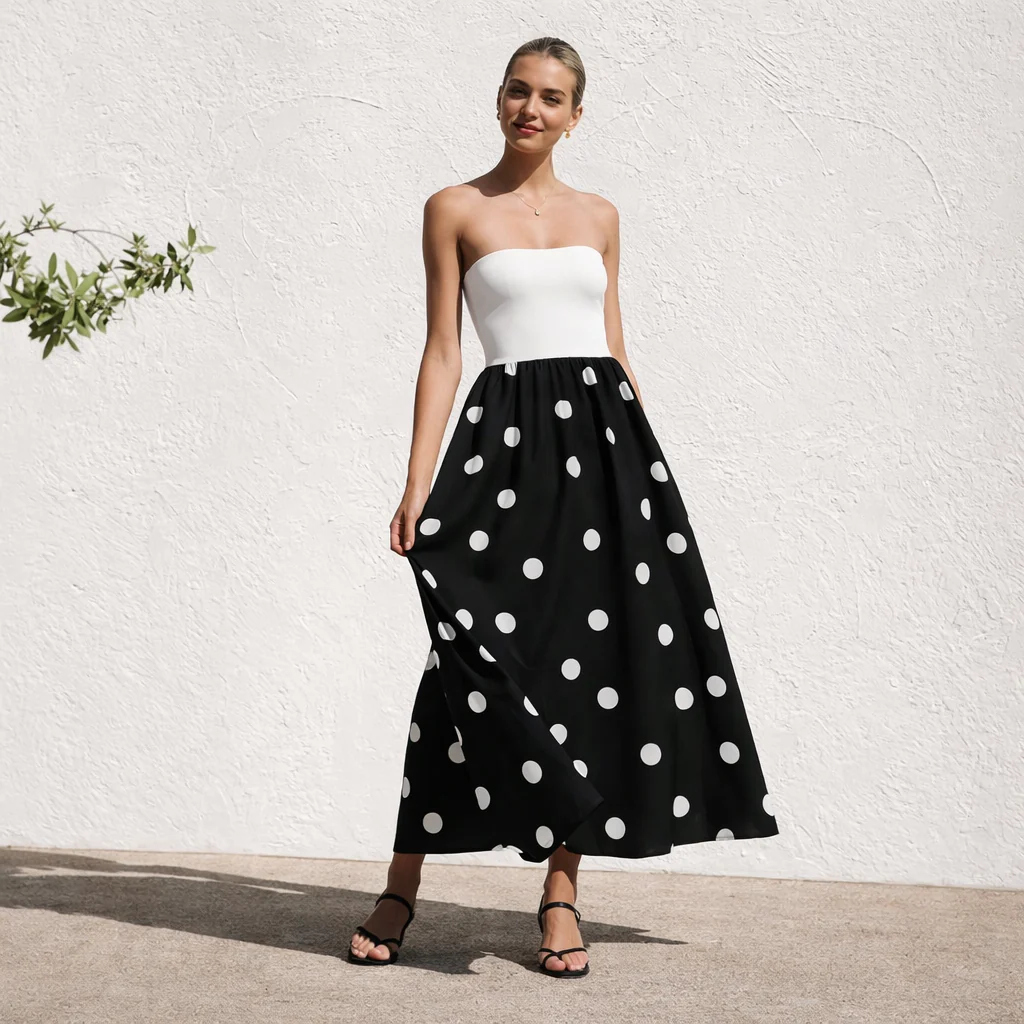 Robe sans bretelles | Robe trapèze pour femme, pois | Style élégant d'été