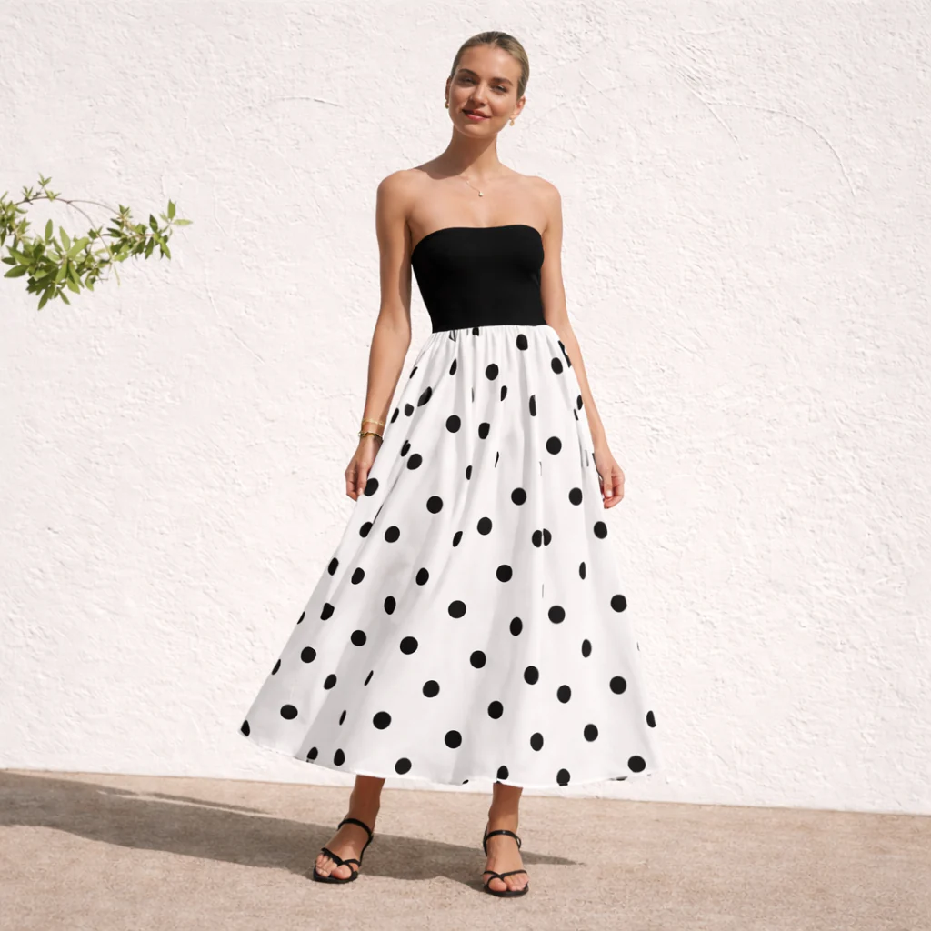 Robe sans bretelles | Robe trapèze pour femme, pois | Style élégant d'été - Image 3
