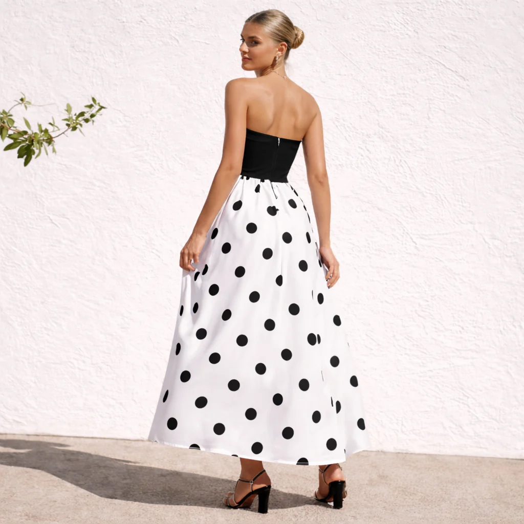 Robe sans bretelles | Robe trapèze pour femme, pois | Style élégant d'été - Image 4