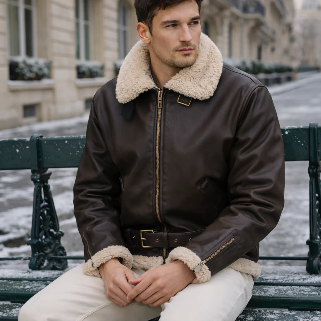 Veste aviateur homme cuir doublée fourrure - Image 4